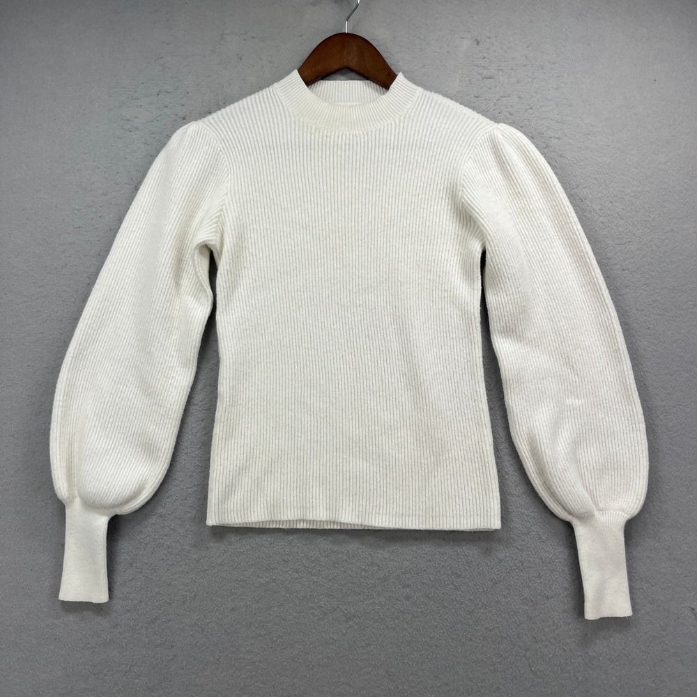Line & Dot Sweater Womens S White Ribbed Puff Sleeve Mock Neck Knit Minimalist
